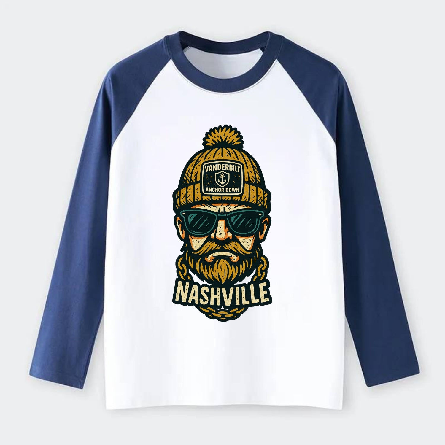 Nashville Commodore wearing Vanderbilt beanie with anchor patch - Raglan Long Sleeve T-Shirt - Blue