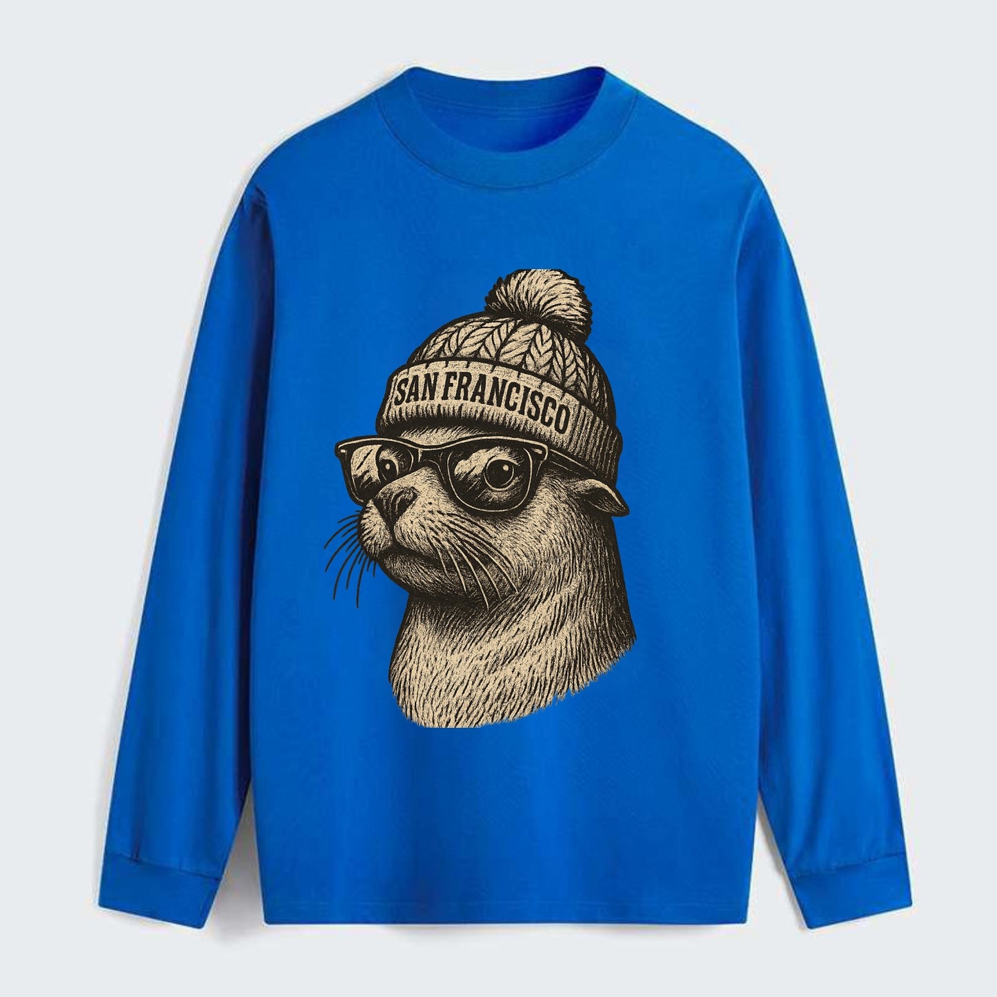 San Francisco Sea Lion wearing San Francisco beanie with pom pom and - Classic Long Sleeve Shirt - Blue