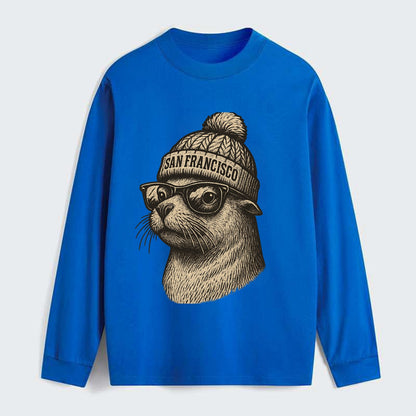 San Francisco Sea Lion wearing San Francisco beanie with pom pom and - Classic Long Sleeve Shirt - Blue