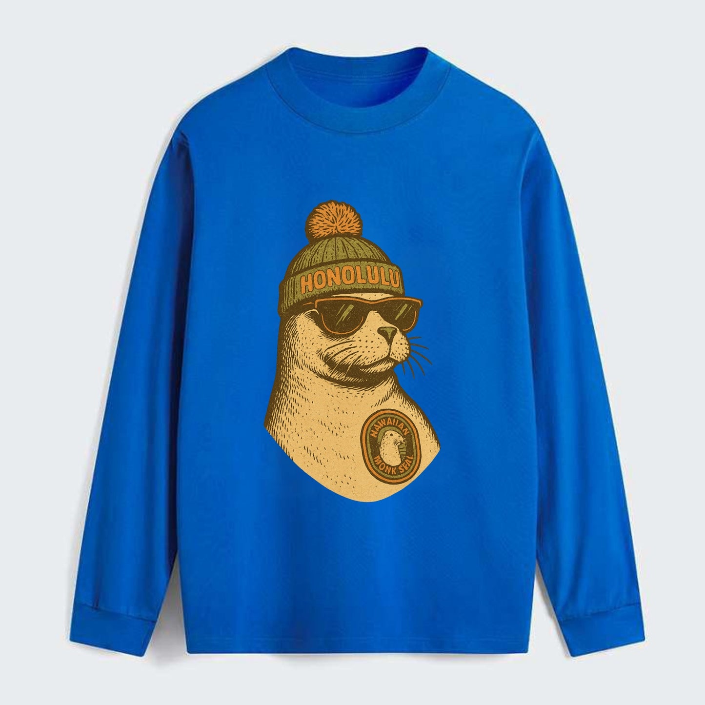 Hawaii Monk Seal wearing Honolulu beanie with pom pom and wayfarer - Classic Long Sleeve Shirt - Blue