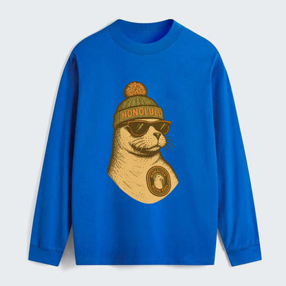 Hawaii Monk Seal wearing Honolulu beanie with pom pom and wayfarer - Classic Long Sleeve Shirt - Blue