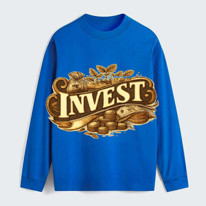 Bold typography design - "INVEST" - growing money, smart decisions - Classic Long Sleeve Shirt - Blue