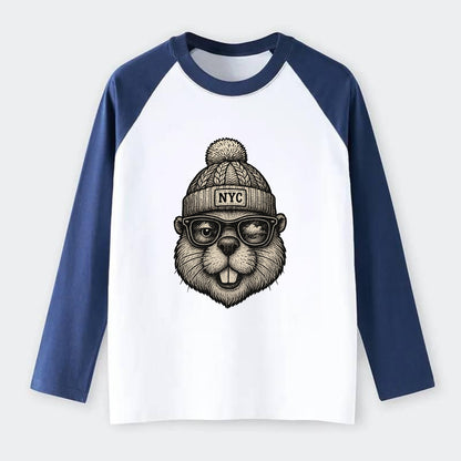 New York Beaver wearing NYC beanie with pom pom and wayfarer sunglasses - Raglan Long Sleeve T-Shirt - Blue