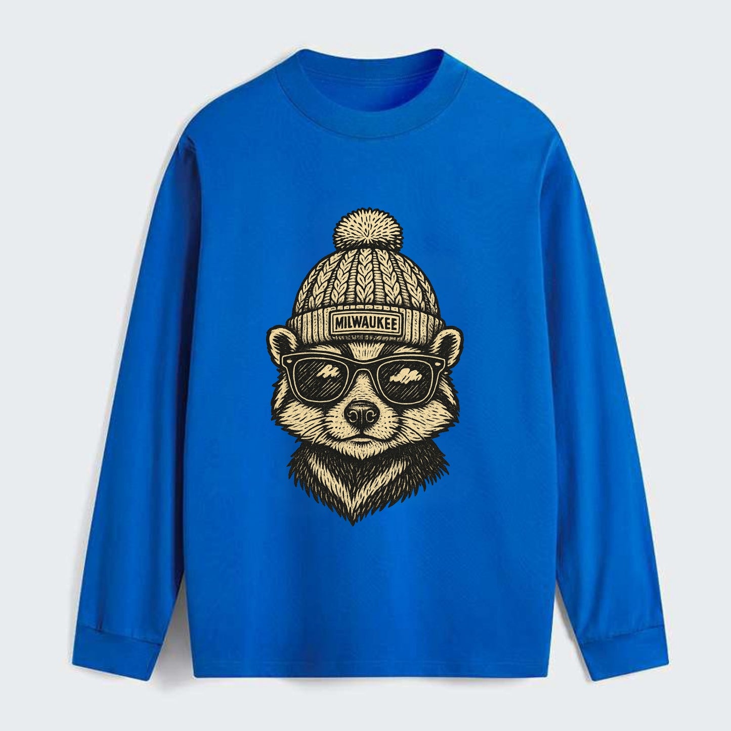 Wisconsin Badger wearing Milwaukee beanie with pom pom and wayfarer - Classic Long Sleeve Shirt - Blue