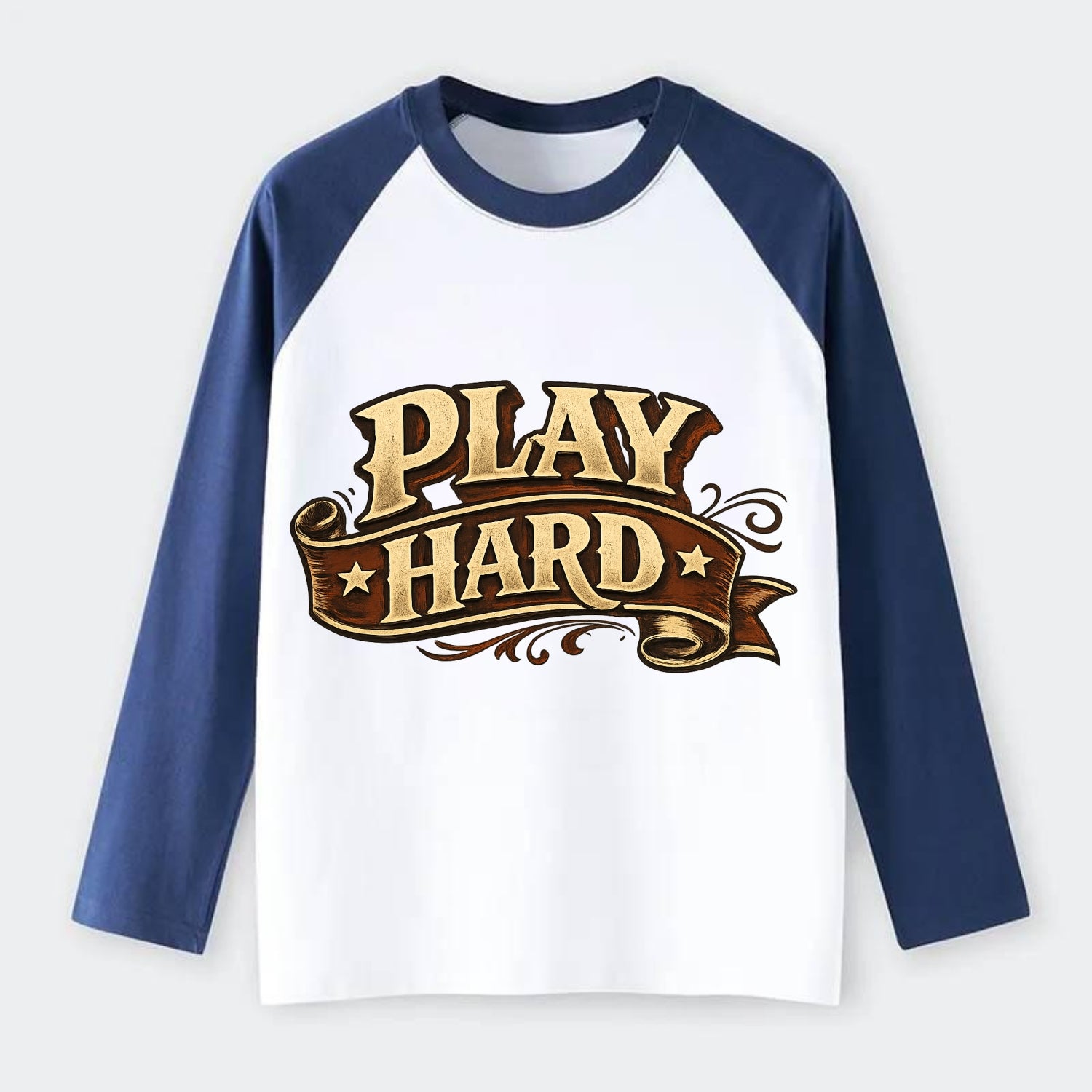 Bold typography design - "PLAY HARD" - giving your all, full effort - Raglan Long Sleeve T-Shirt - Blue