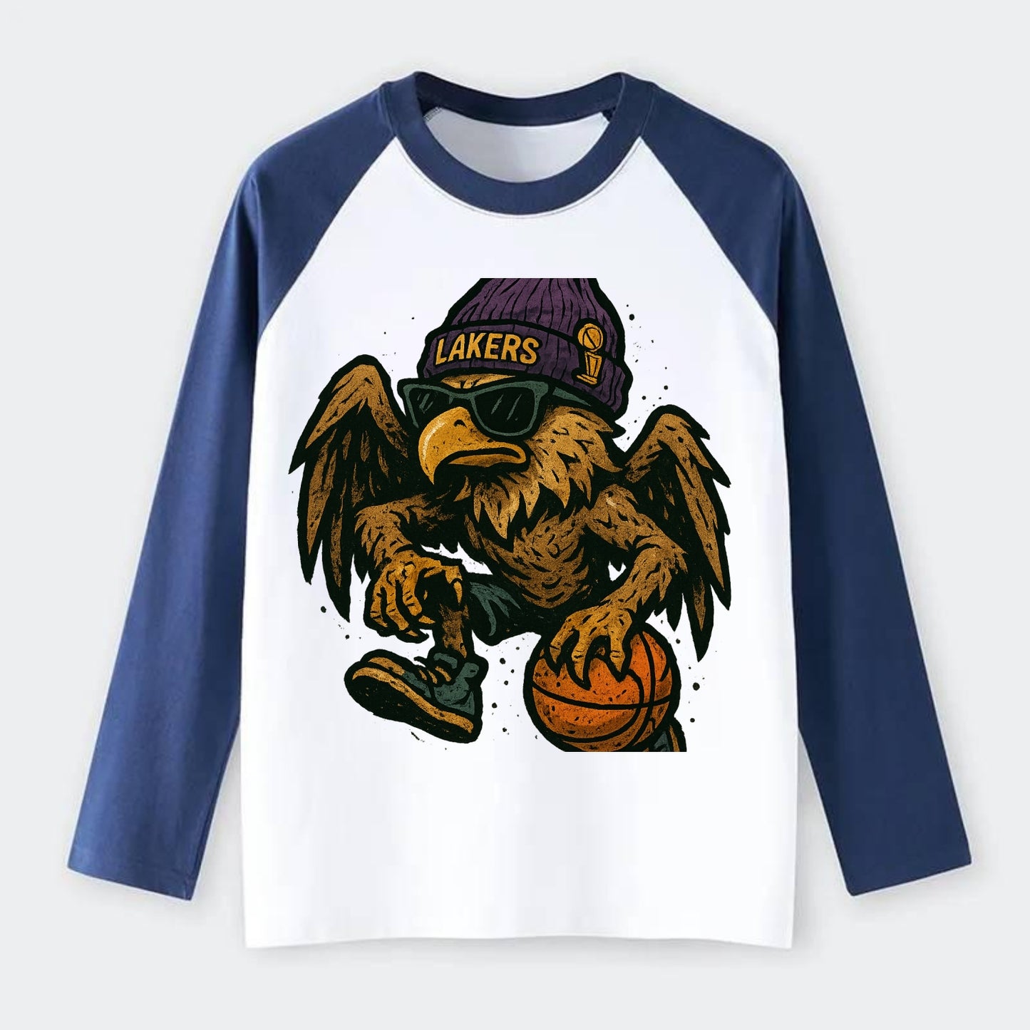 Los Angeles Golden Eagle wearing Lakers beanie with trophy patch and - Raglan Long Sleeve T-Shirt - Blue