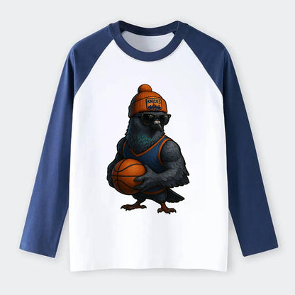 Manhattan Pigeon wearing Knicks beanie with skyline patch and wayfarer - Raglan Long Sleeve T-Shirt - Blue