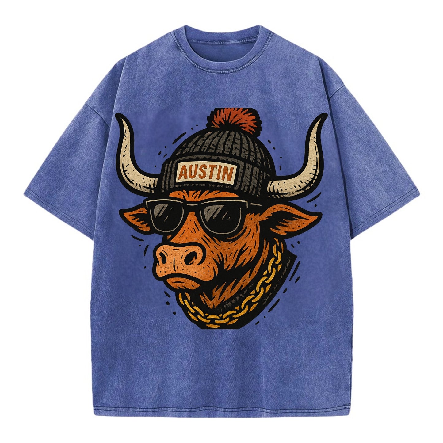 Texas Longhorn wearing Austin beanie with pom pom and wayfarer sunglasses - Vintage T-shirt - Blue