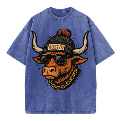 Texas Longhorn wearing Austin beanie with pom pom and wayfarer sunglasses - Vintage T-shirt - Blue