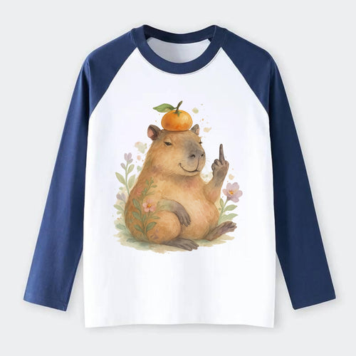 chonky capybara relaxing with orange on head, one webbed middle finger - Raglan Long Sleeve T-Shirt