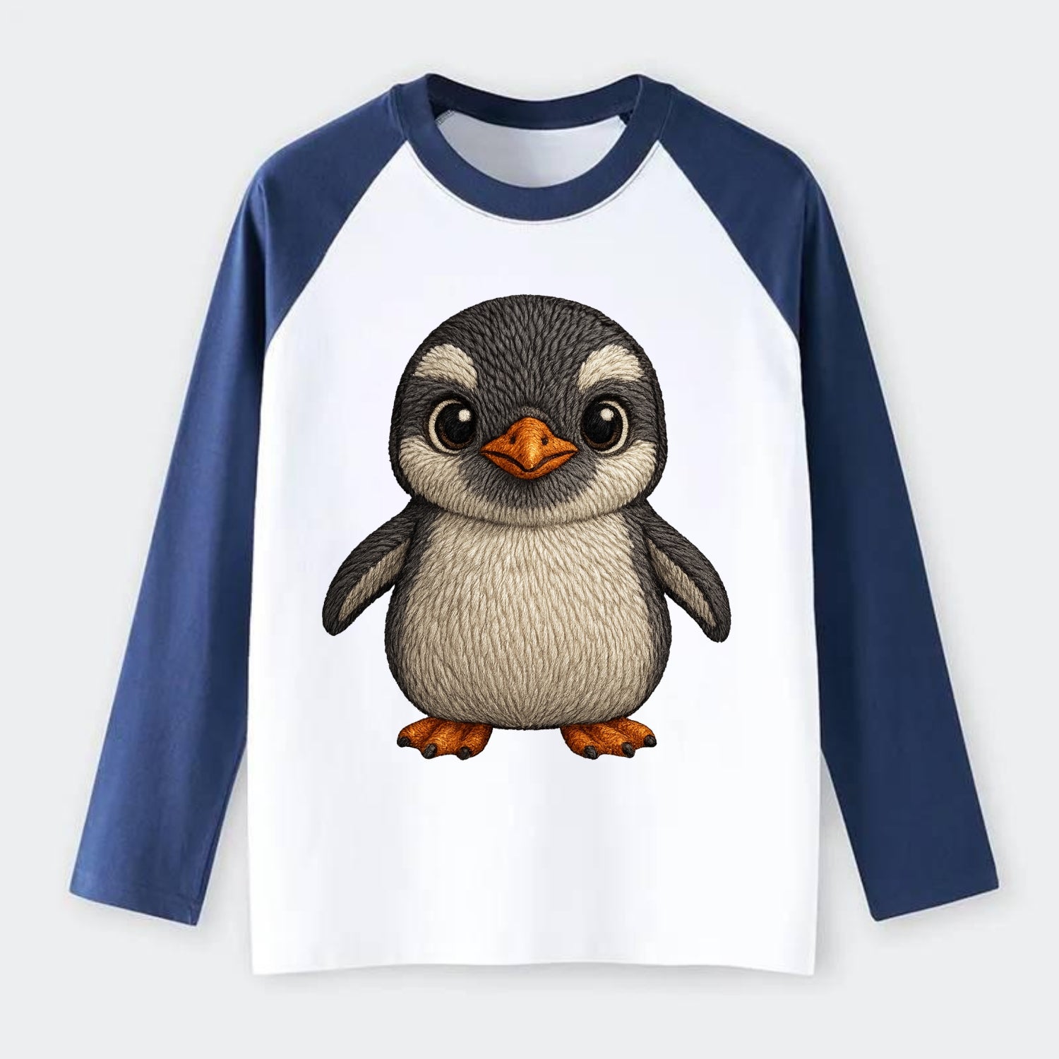 Baby Gentoo Penguin - orange beak, white cap, bright eyes, - Raglan Long Sleeve T-Shirt - Blue