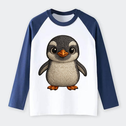 Baby Gentoo Penguin - orange beak, white cap, bright eyes, - Raglan Long Sleeve T-Shirt - Blue