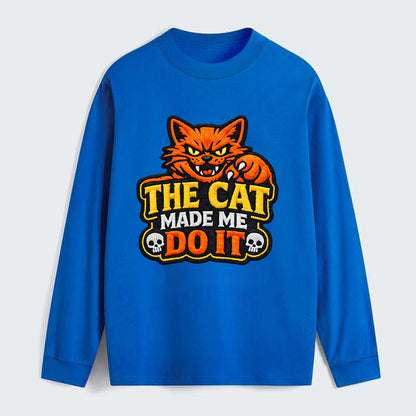 THE CAT MADE ME DO IT - mischievous cat in orange , blame the cat - Classic Long Sleeve Shirt - Blue