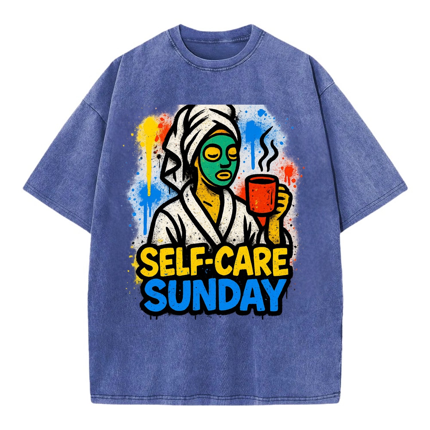 Person in bathrobe with face mask and tea - self-care Sunday ritual, wellness - Vintage T-shirt - Blue
