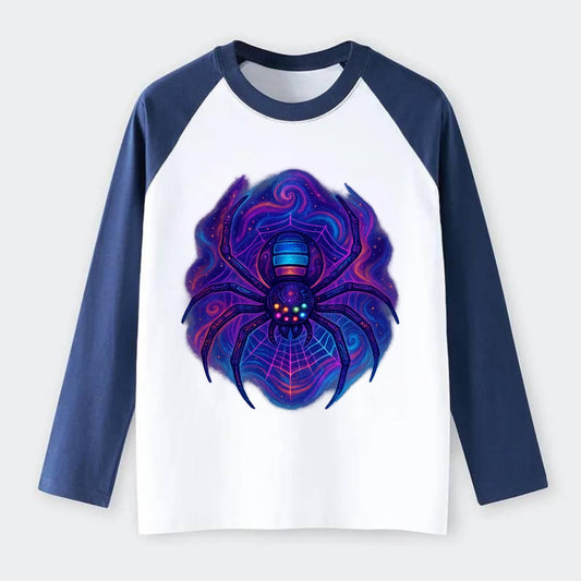 Tech spider with legs showing circuit board patterns, web glowing in - Raglan Long Sleeve T-Shirt - Blue