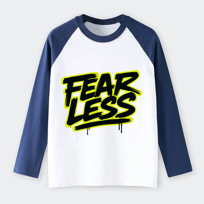 Bold typography design - "FEARLESS" - courage, bravery, facing - Raglan Long Sleeve T-Shirt - Blue