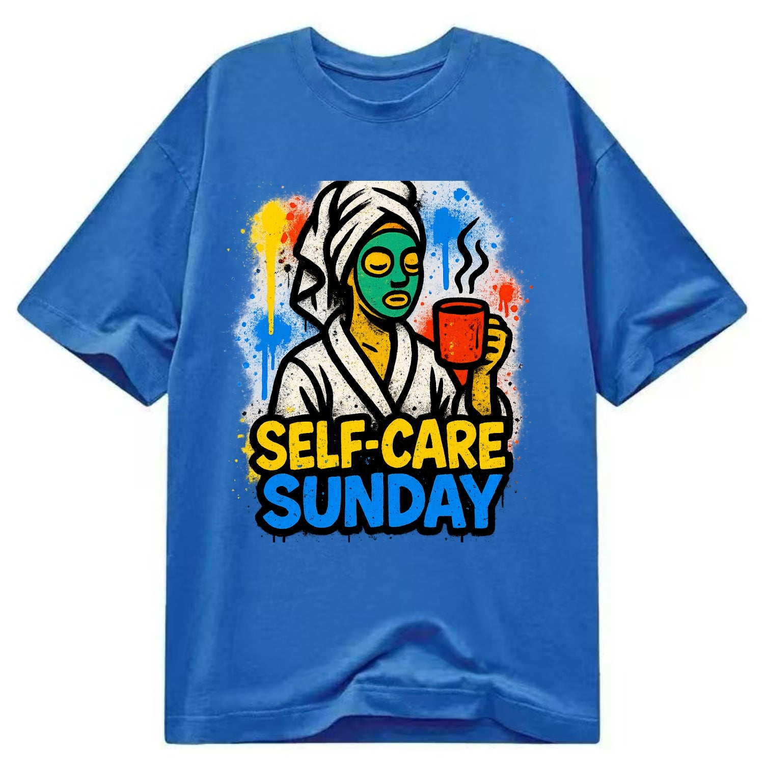 Person in bathrobe with face mask and tea - self-care Sunday ritual, wellness - Classic T-shirt - Blue