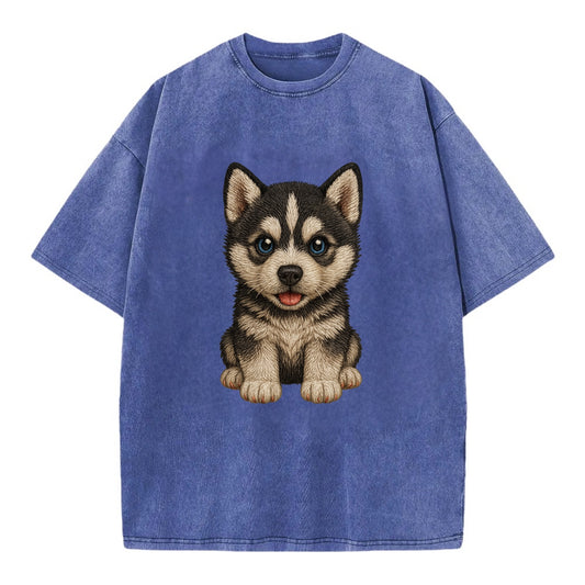 Baby Siberian Husky Puppy - blue or bi-colored eyes, fluffy coat, wolf-like, - Vintage T-shirt - Blue