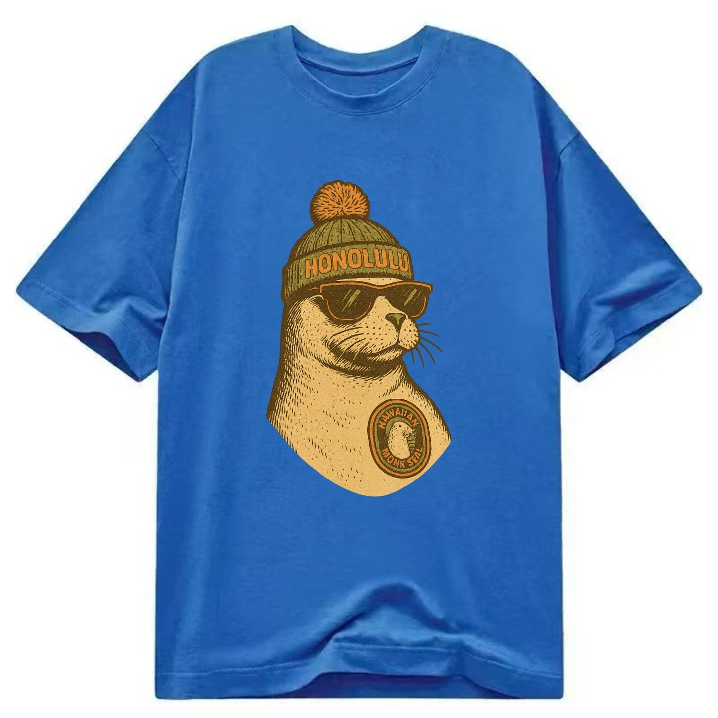 Hawaii Monk Seal wearing Honolulu beanie with pom pom and wayfarer sunglasses - Classic T-shirt - Blue