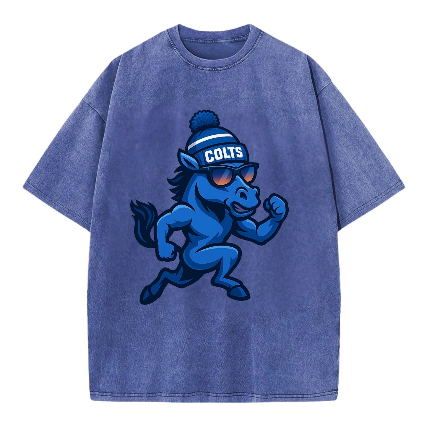 Indianapolis Colt Horse wearing Colts blue and white beanie with pom pom and - Vintage T-shirt - Blue