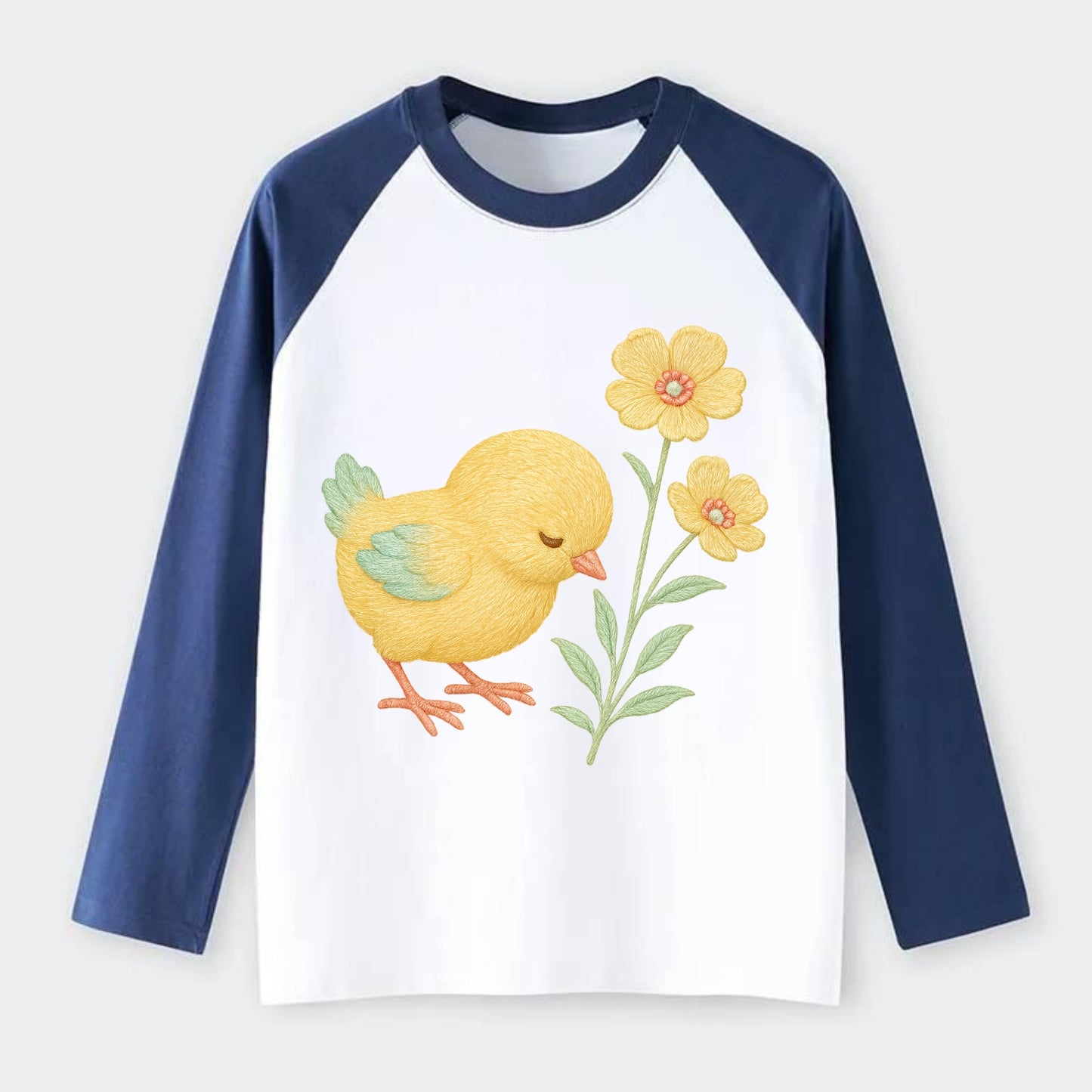 Yellow Chick - Raglan Long Sleeve T-Shirt - Blue