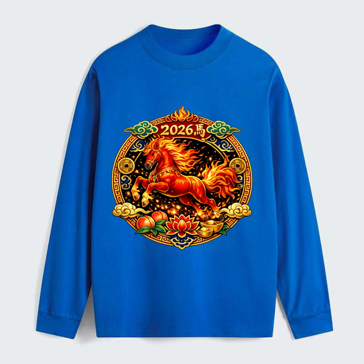 FIRE HORSE | Flaming mane and tail horse | Blazing orange and red - Classic Long Sleeve Shirt - Blue