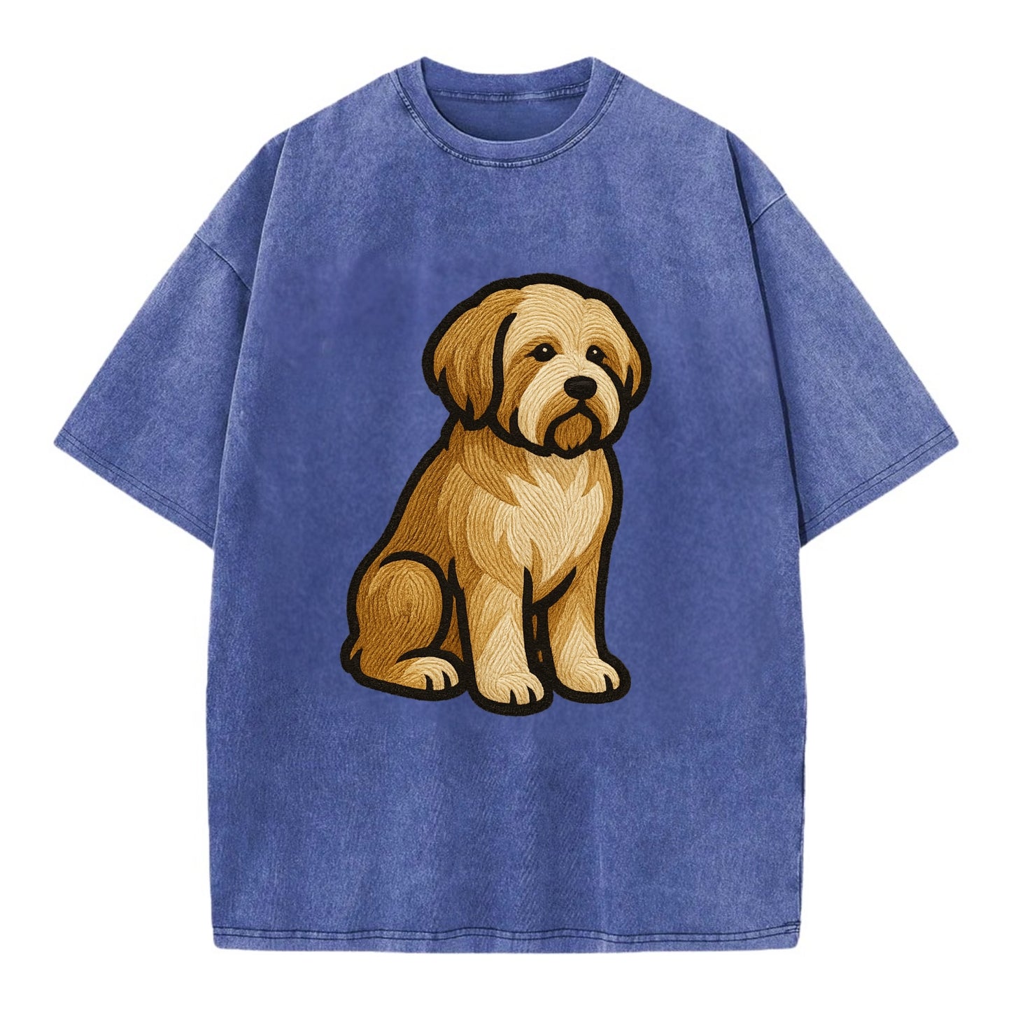 Tibetan Terrier - Gold and white embroidered sitting pose - Vintage T-shirt - Blue