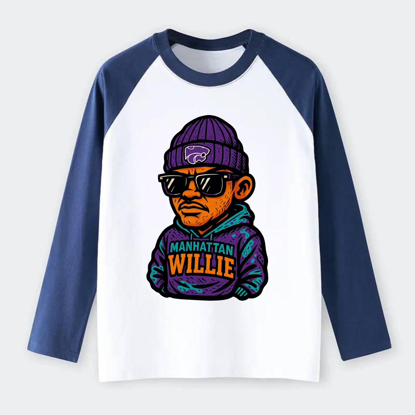 Manhattan Willie wearing Kansas State beanie with powercat patch - Raglan Long Sleeve T-Shirt - Blue