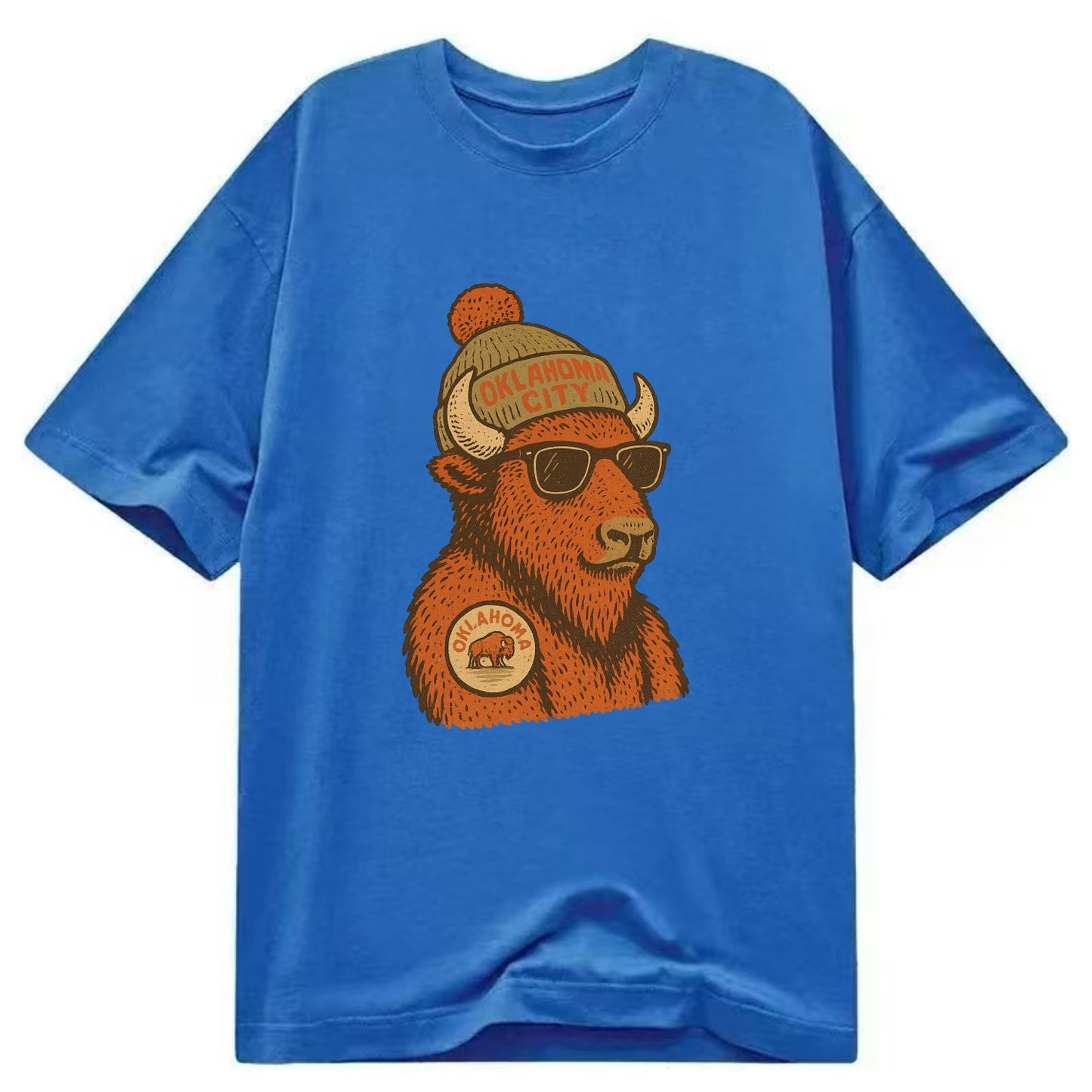 Oklahoma Buffalo wearing Oklahoma City beanie with pom pom and wayfarer sunglasses - Classic T-shirt - Blue