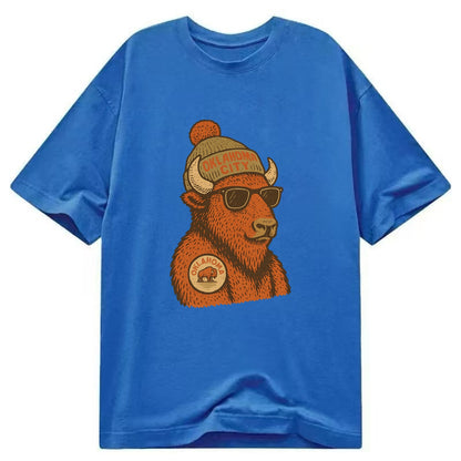 Oklahoma Buffalo wearing Oklahoma City beanie with pom pom and wayfarer sunglasses - Classic T-shirt - Blue