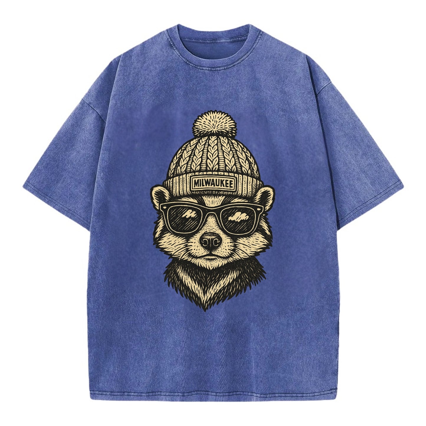 Wisconsin Badger wearing Milwaukee beanie with pom pom and wayfarer sunglasses - Vintage T-shirt - Blue
