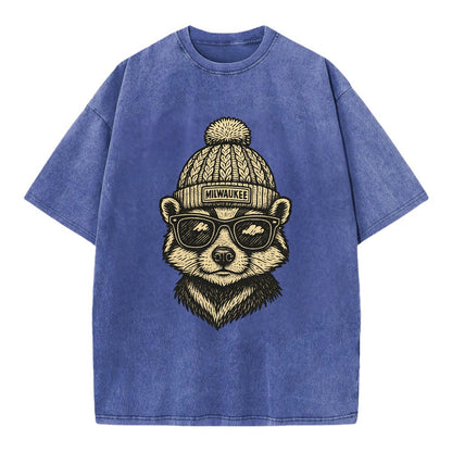 Wisconsin Badger wearing Milwaukee beanie with pom pom and wayfarer sunglasses - Vintage T-shirt - Blue