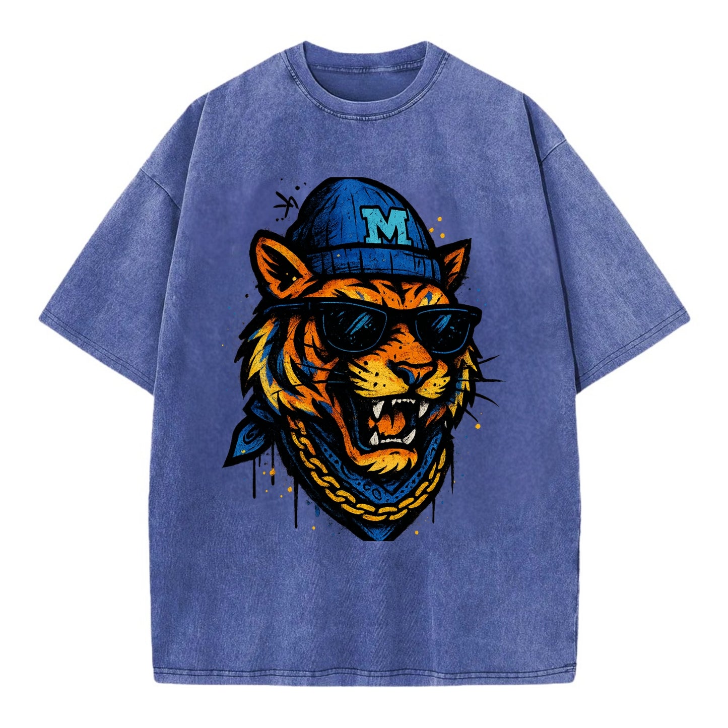 Memphis Tiger wearing Memphis beanie with M patch - Vintage T-shirt - Blue