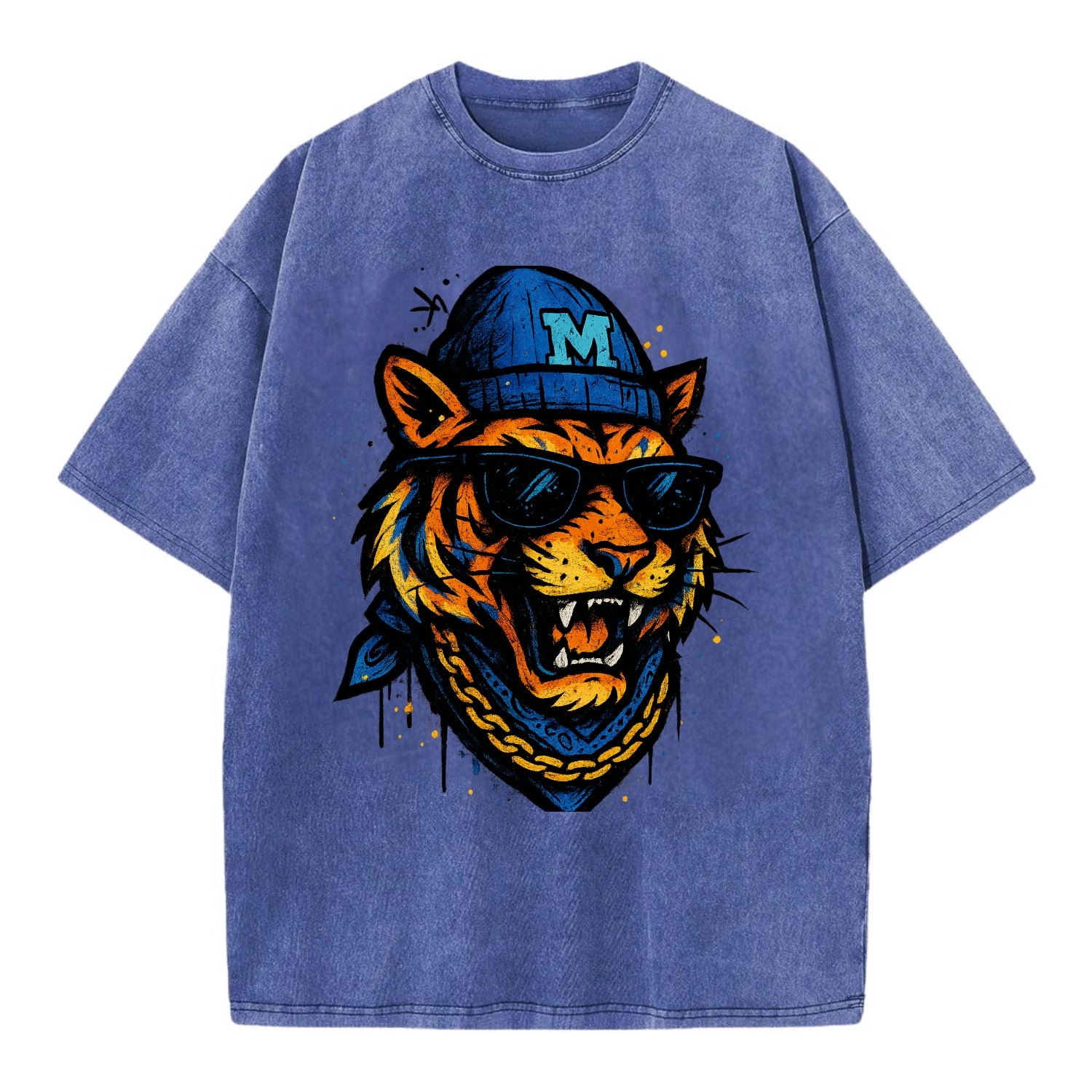Memphis Tiger wearing Memphis beanie with M patch - Vintage T-shirt - Blue