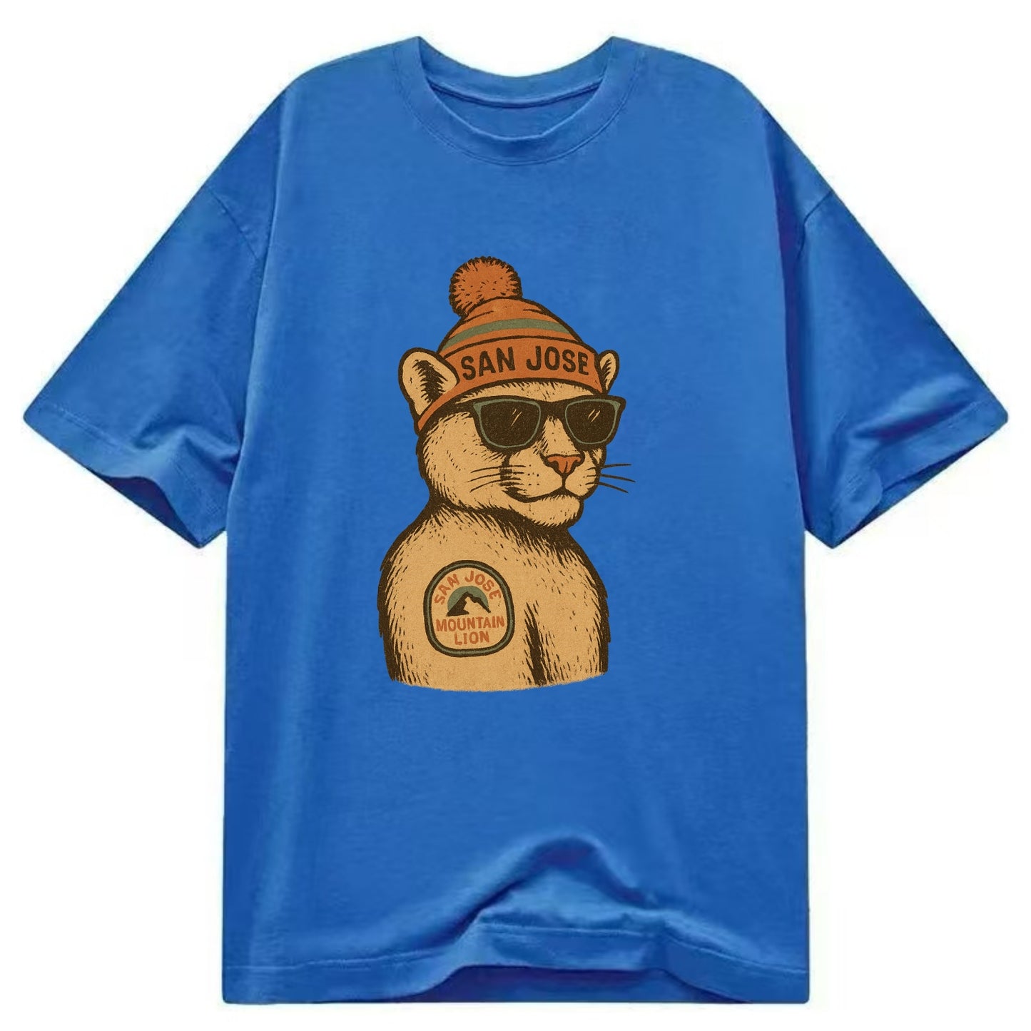 San Jose Mountain Lion wearing San Jose beanie with pom pom and wayfarer - Classic T-shirt - Blue
