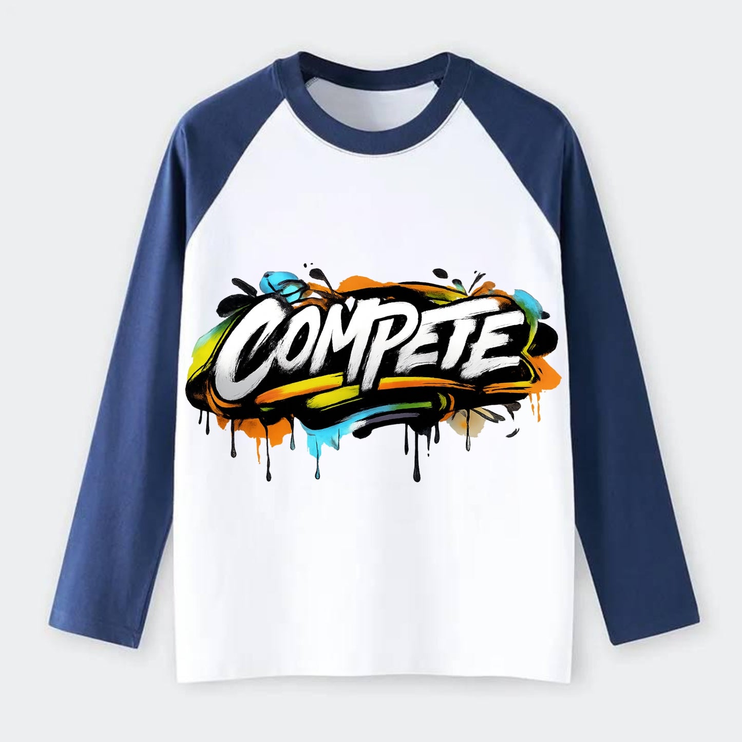 Bold typography design - "COMPETE" - competitive spirit, love the game - Raglan Long Sleeve T-Shirt - Blue