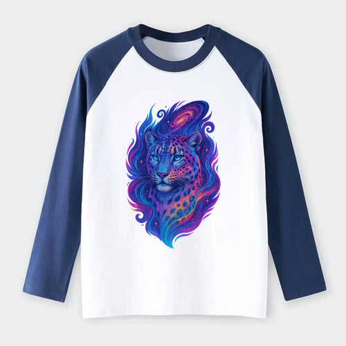 Majestic snow leopard with rainbow gradient spots, crystalline flowing - Raglan Long Sleeve T-Shirt