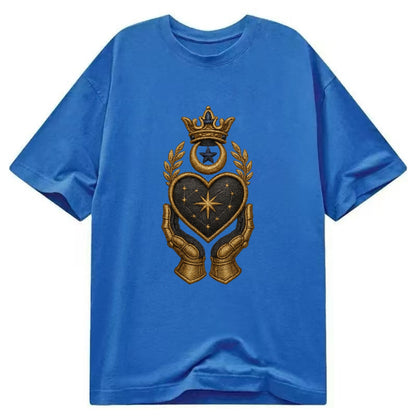 Crowned heart with Art Deco sunburst crown and geometric filigree hands cradling - Classic T-shirt - Blue
