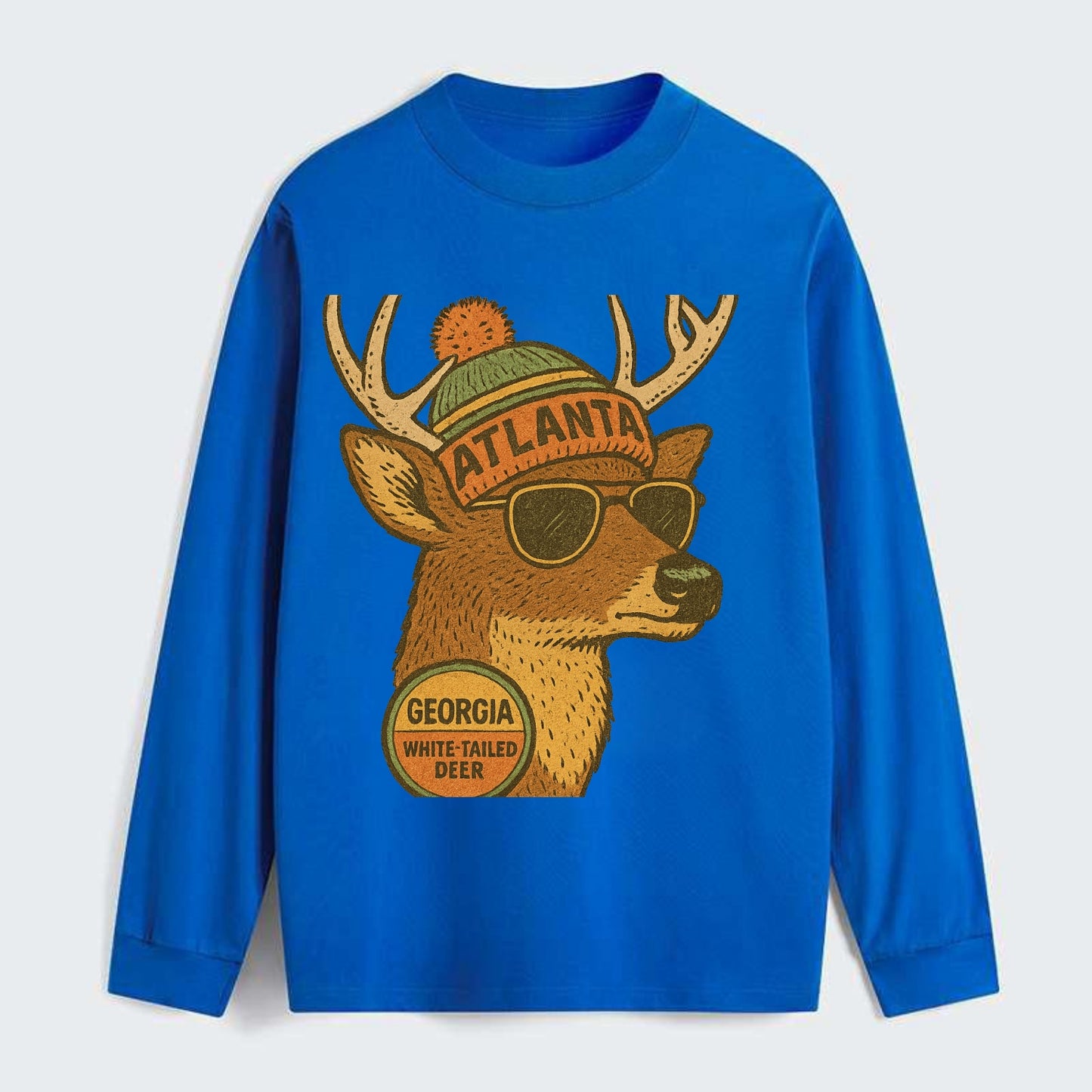 Georgia White-tailed Deer wearing Atlanta beanie with pom pom and - Classic Long Sleeve Shirt - Blue