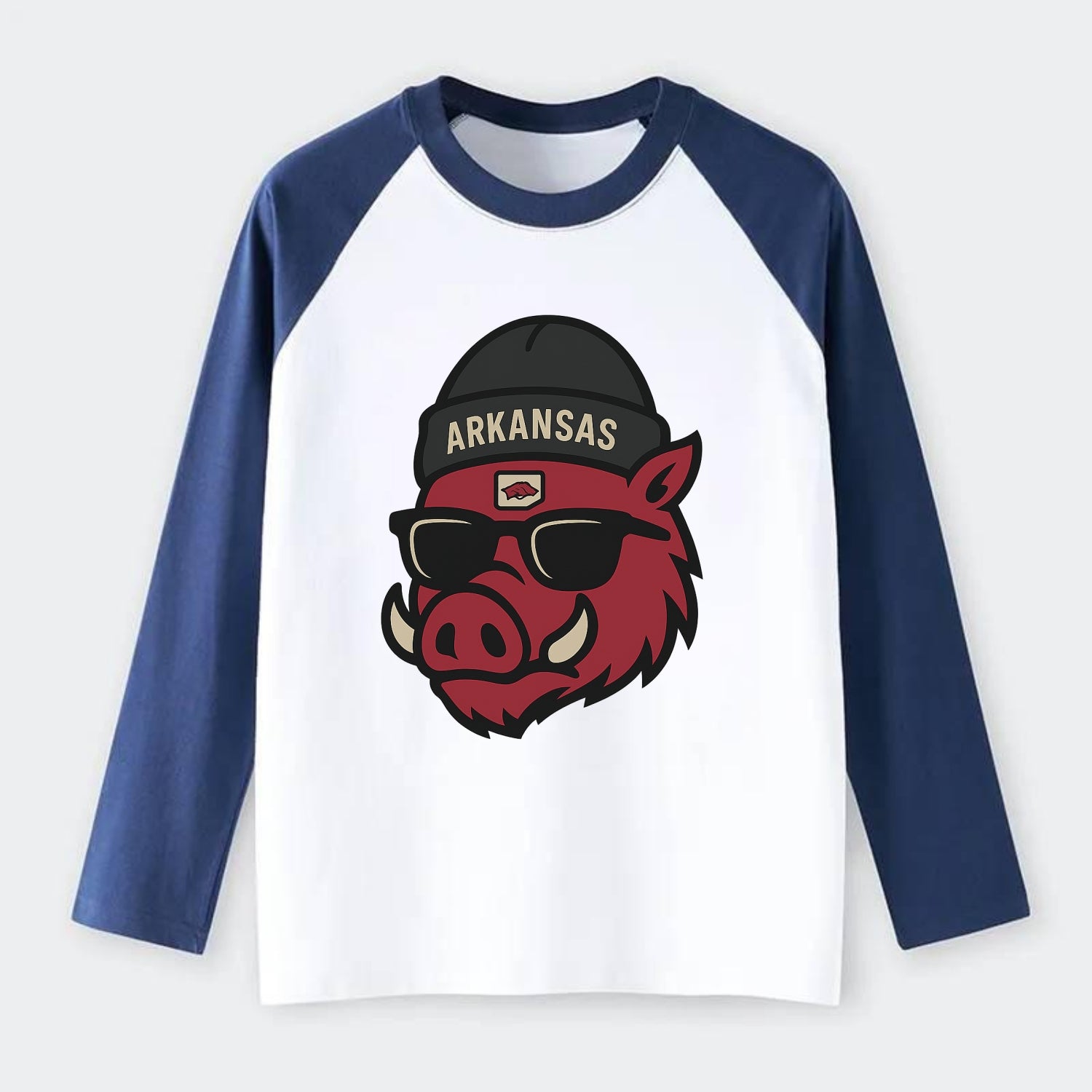 Fayetteville Razorback wearing Arkansas beanie with hog patch - Raglan Long Sleeve T-Shirt - Blue