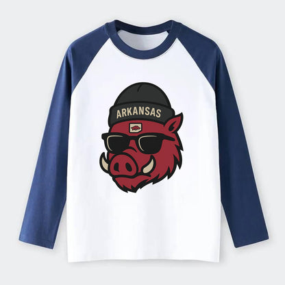 Fayetteville Razorback wearing Arkansas beanie with hog patch - Raglan Long Sleeve T-Shirt - Blue