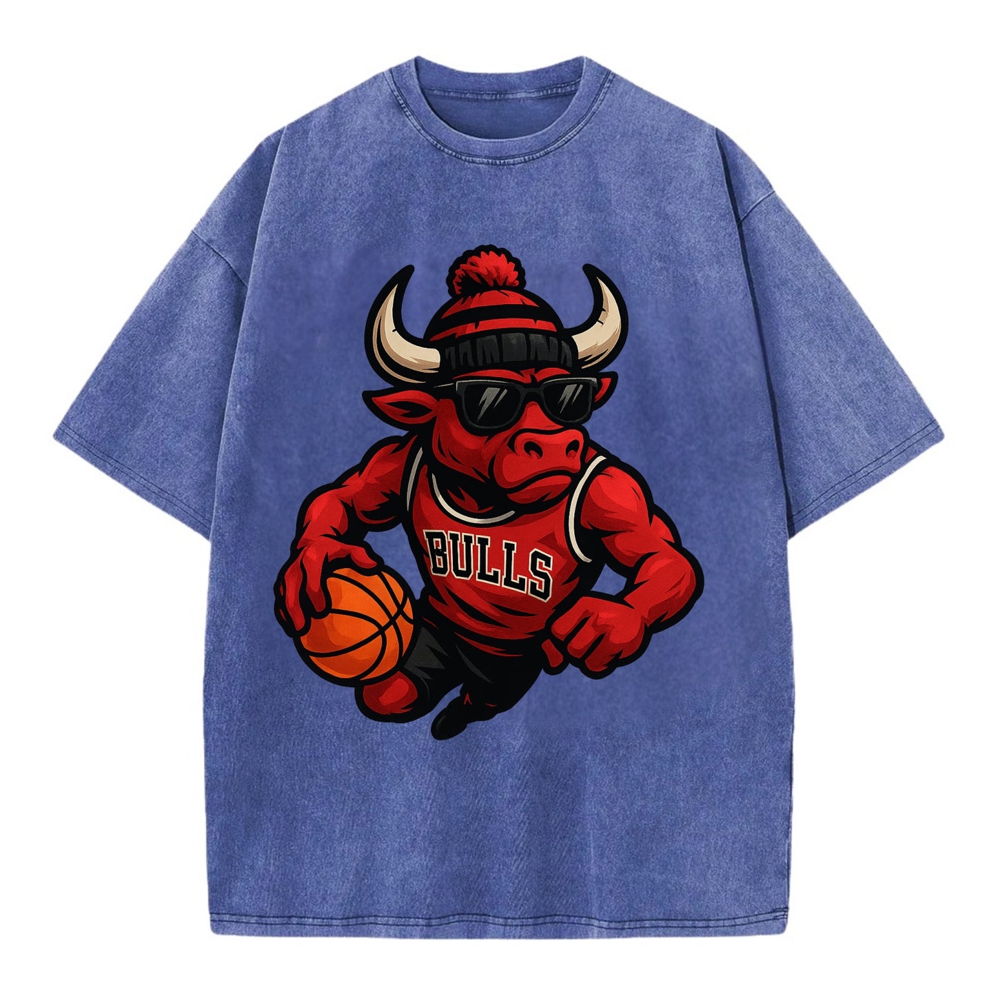 Chicago Bull wearing Bulls red and black beanie with horns design and wayfarer - Vintage T-shirt - Blue