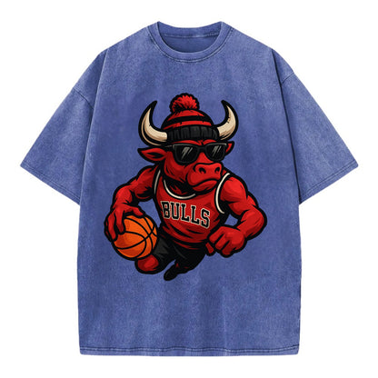 Chicago Bull wearing Bulls red and black beanie with horns design and wayfarer - Vintage T-shirt - Blue