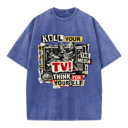 KILL YOUR TV | Smashed television | Reject media | Think for yourself | Analog - Vintage T-shirt - Blue