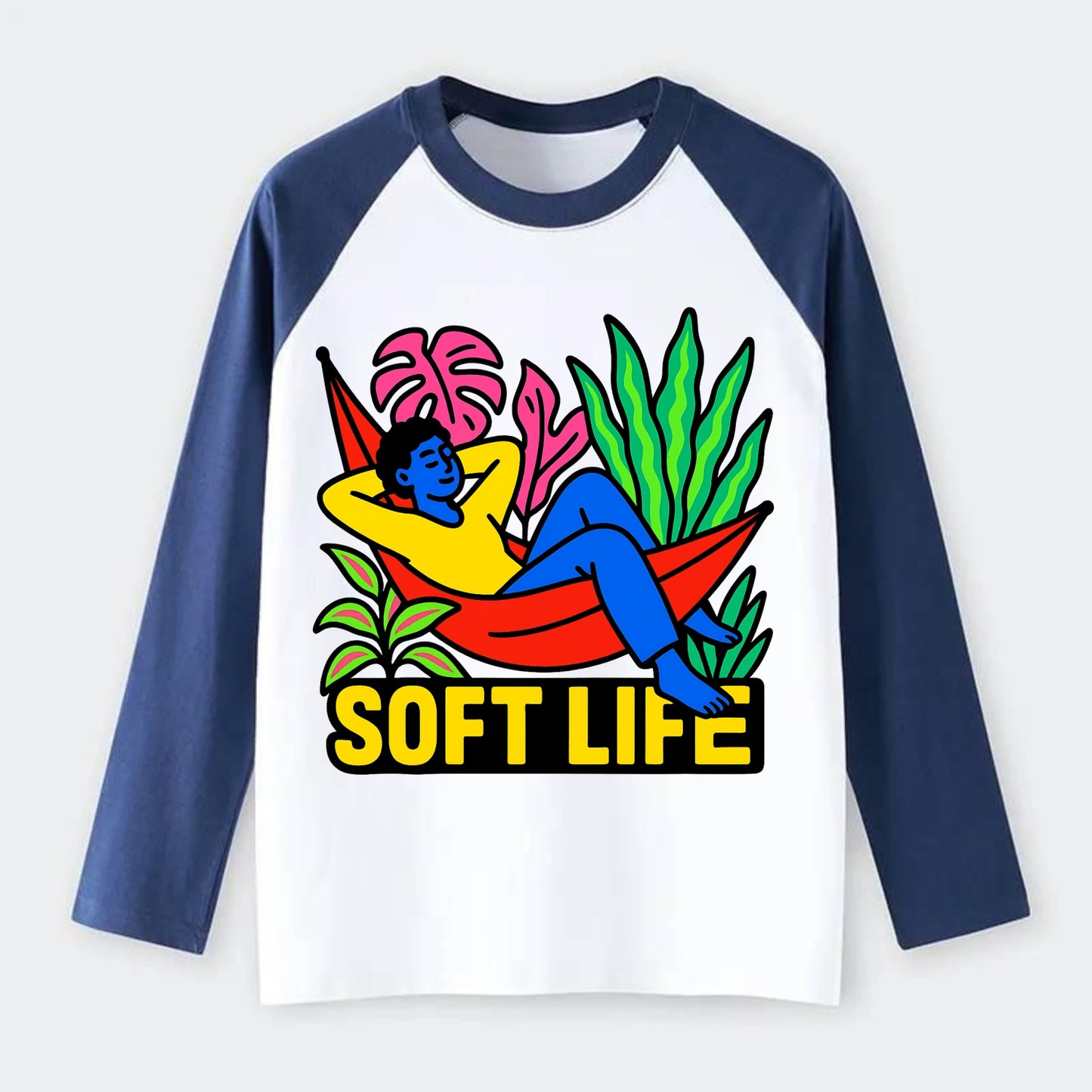 Person relaxing in hammock with plants - "soft life" aesthetic, - Raglan Long Sleeve T-Shirt - Blue