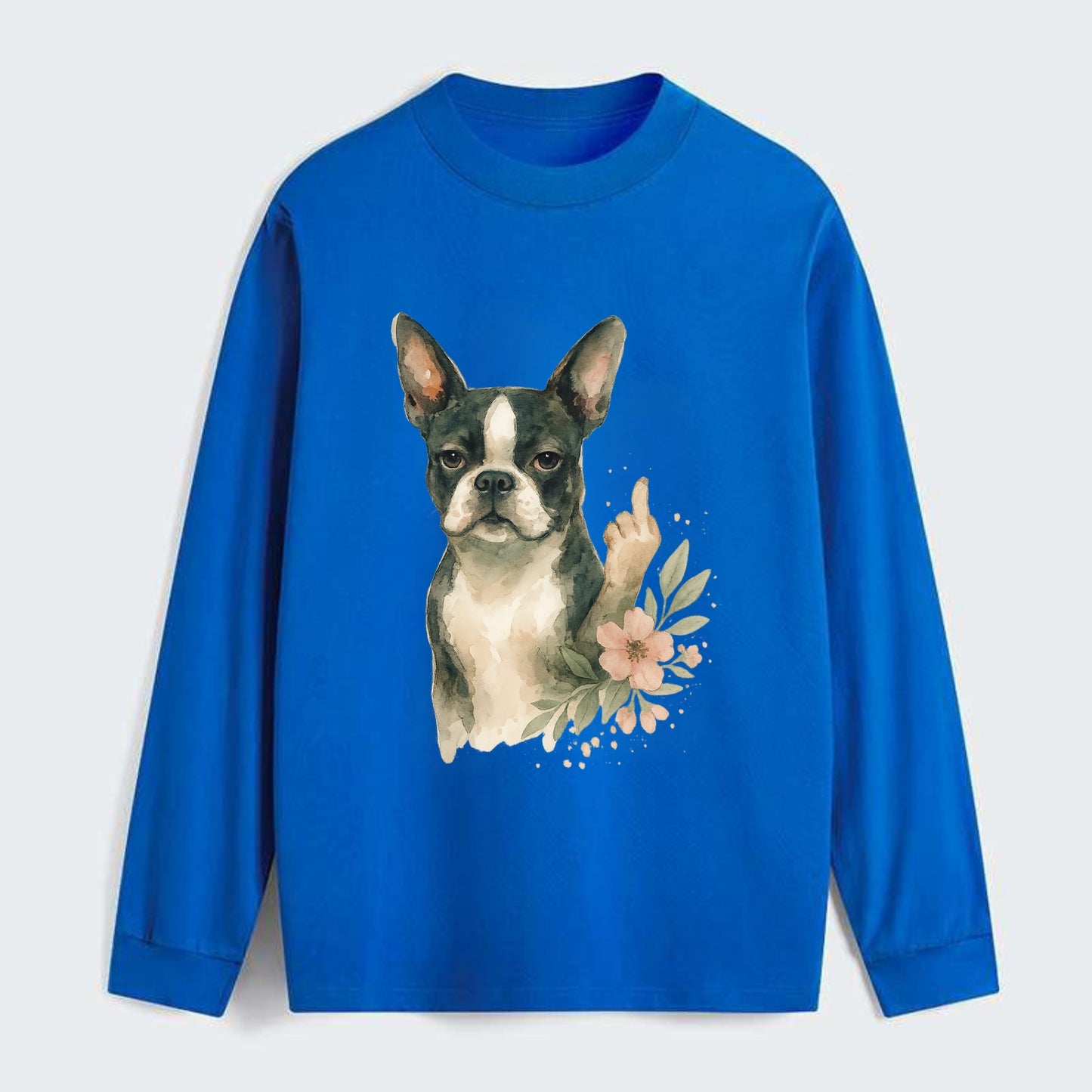 Boston Terrier with tuxedo markings, perky ears, paw up giving sass - Classic Long Sleeve Shirt - Blue