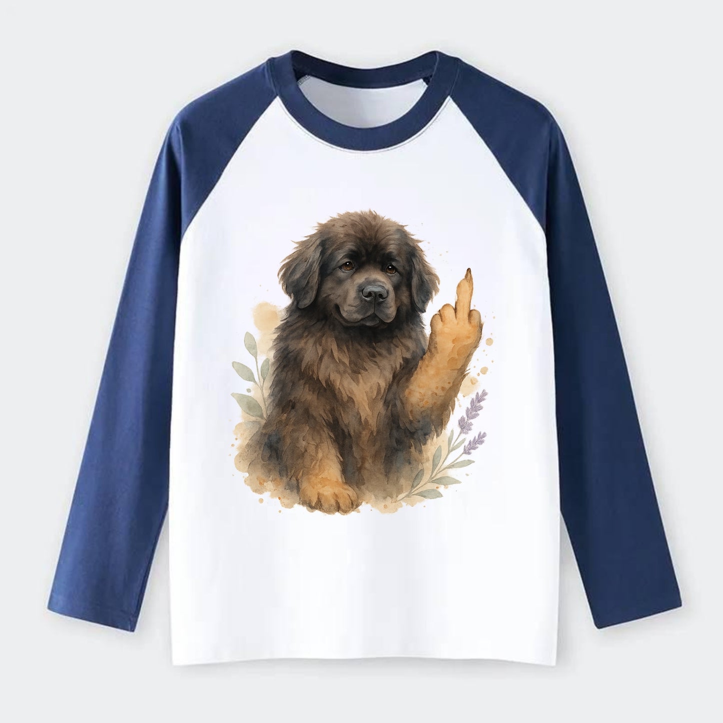Newfoundland fluffy bear-like with webbed paws, massive gentle paw up - Raglan Long Sleeve T-Shirt - Blue