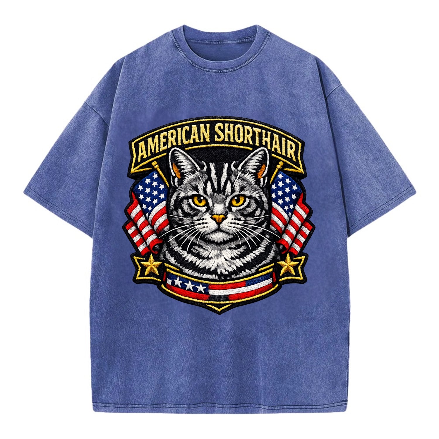 AMERICAN SHORTHAIR - classic american cat in silver tabby , all-American cat - Vintage T-shirt - Blue