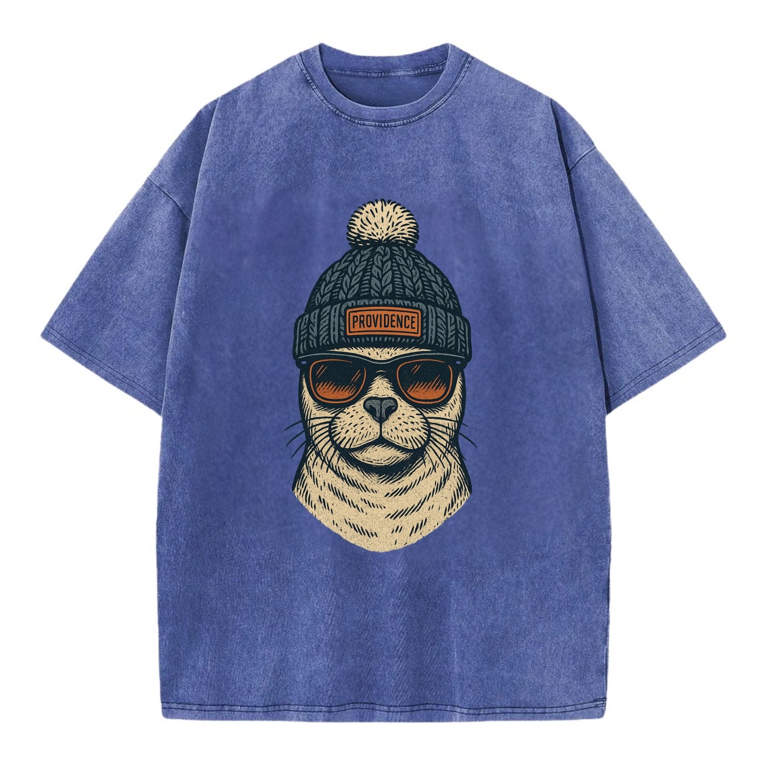 Rhode Island Harbor Seal wearing Providence beanie with pom pom and wayfarer - Vintage T-shirt - Blue
