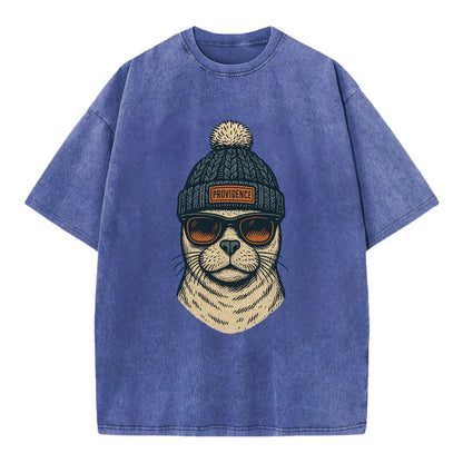 Rhode Island Harbor Seal wearing Providence beanie with pom pom and wayfarer - Vintage T-shirt - Blue